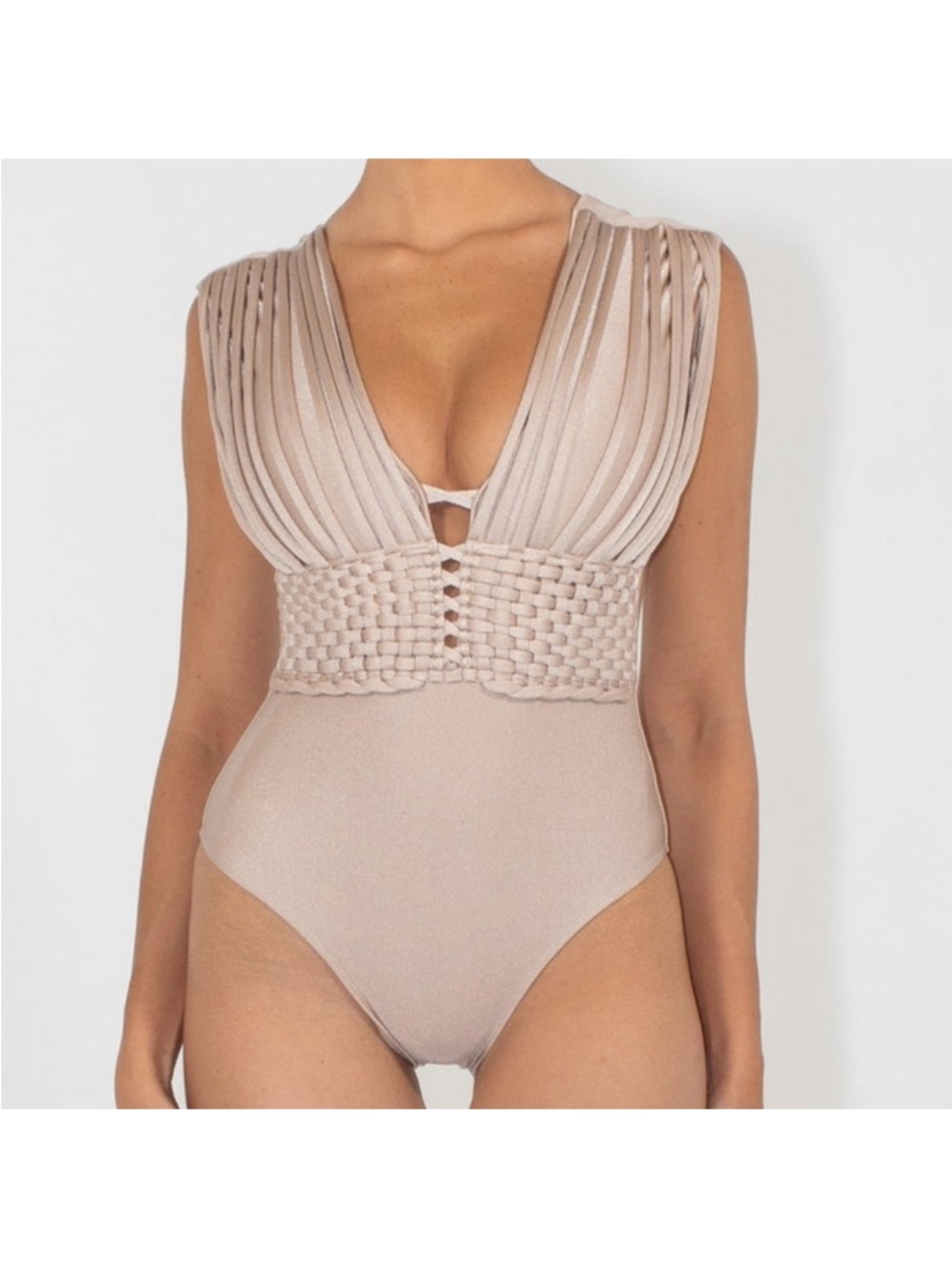 Acqua De Luxe Mykonos One Piece Swimsuit Beige Women’s Size Small Plunge